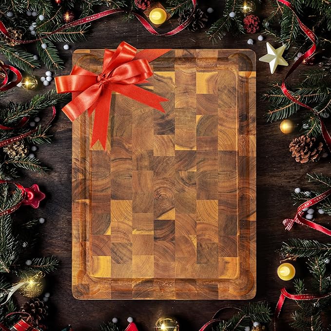 Yes4All Durable Acacia Wood Cutting Board for Kitchen, 24"x15"x1.5" Large End Grain Design, Pre-Oiled Thick Chopping Board with Juice Grooves and Easy Grip Handles, Ideal for Meal Prep and Serving
