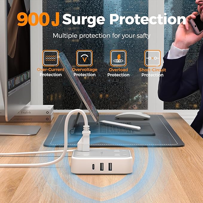 TESSAN Surge Protector Power Strip, 3 Ft Ring Pull Extension Cord with Multiple Outlets, 3 USB (1 USB C) 4 Outlets, 900J Surge Protection, Desktop Charging Station for Home, Office, Dorm Room