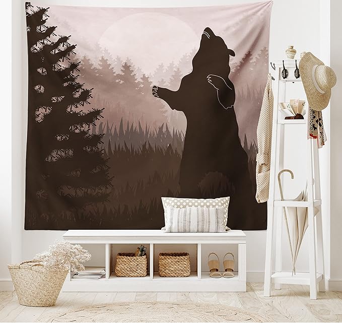 Ambesonne Nature Tapestry, Silhouette of Wild Bear in the Jungle Woodland at Dark Night Illustration, Fabric Wall Hanging Decor for Bedroom Living Room Dorm, 45" X 30", Army Green Pale Peach