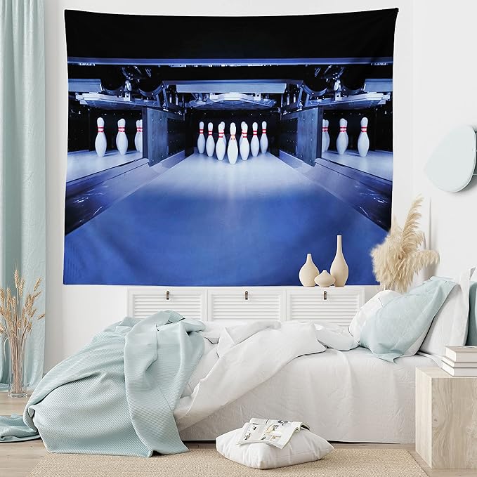 Ambesonne Bowling Party Tapestry Queen Size, Symmetrical Bowling Pins on an Empty Alley Hobby Fun Challenge Theme, Wall Hanging Bedspread Bed Cover Wall Decor, 88" X 88", Blue White Red