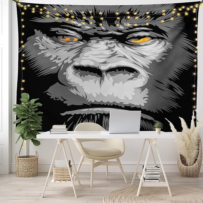 Ambesonne Modern Tapestry, Close up Gorilla Portrait with Orange Eyes Zoo Jungle Animal Wild Money Graphic, Wide Wall Hanging for Bedroom Living Room Dorm, 80" X 60", Grey Marigold