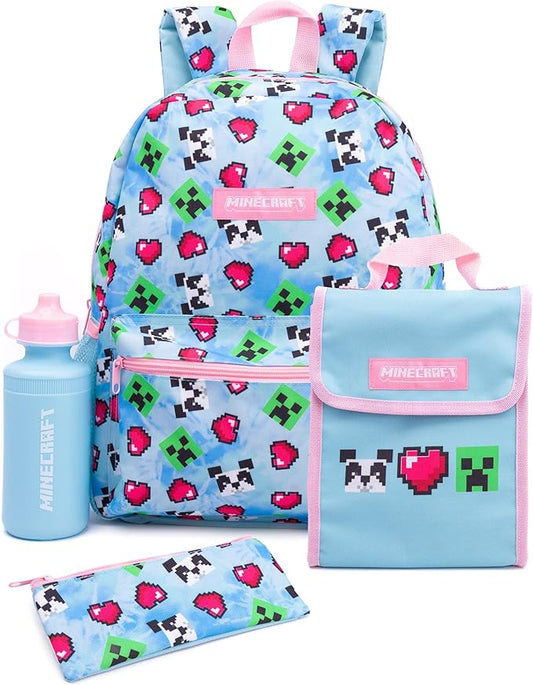 Minecraft Backpack and Lunch Box Set for Girls | Kids 4 Piece Creeper Panda Hearts Blue School Rucksack, Lunch Bag, Pencil Case, Water Bottle One Size
