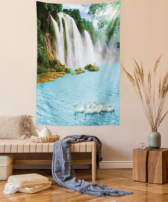 Ambesonne Waterfall Tapestry, Image of a Grand Waterfall with Swans in the Lake Sunny Day Nature Print, Fabric Wall Hanging Decor for Bedroom Living Room Dorm, 23" X 28", White Green