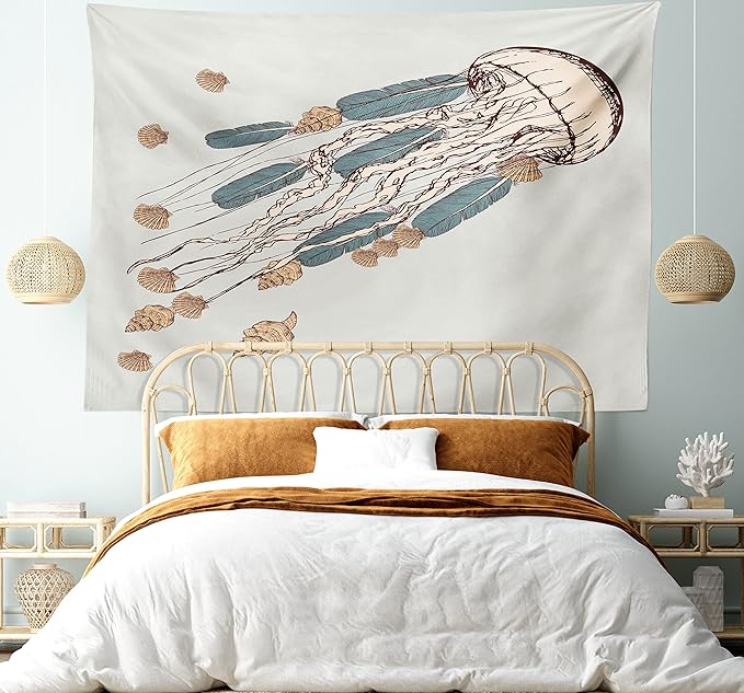 Ambesonne Jellyfish Tapestry, Boho Feather Tentacles Shells Vintage Art Print Under the Sea Tribal Fish, Fabric Wall Hanging Decor for Bedroom Living Room Dorm, 45" X 30", Beige Brown