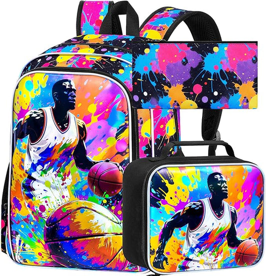 KLFVB 3PCS School Backpack for Boys, 17" Kids Basketball Bookbag and Lunch Box, Water Resistant Backpack for Teenagers Middle Elementary - Spray-painted Basketball