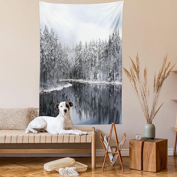 Ambesonne Woodland Tapestry Twin Size, Lake Surrounded by Snow Covered Trees on a Cold Winter Day in Finland Reflections, Wall Hanging Bedspread Bed Cover Wall Decor, 68" X 88", White Brown
