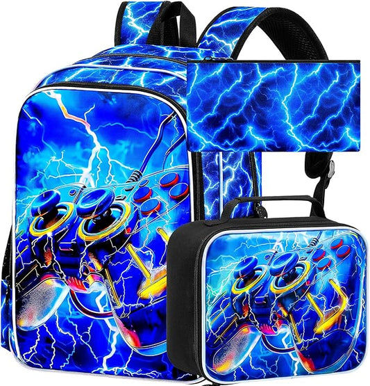 KLFVB 3PCS School Backpack for Kids, 17" Boys Game Bookbag and Lunch Box, Water Resistant Teenagers Backpacks for Middle Elementary - Lightning Game