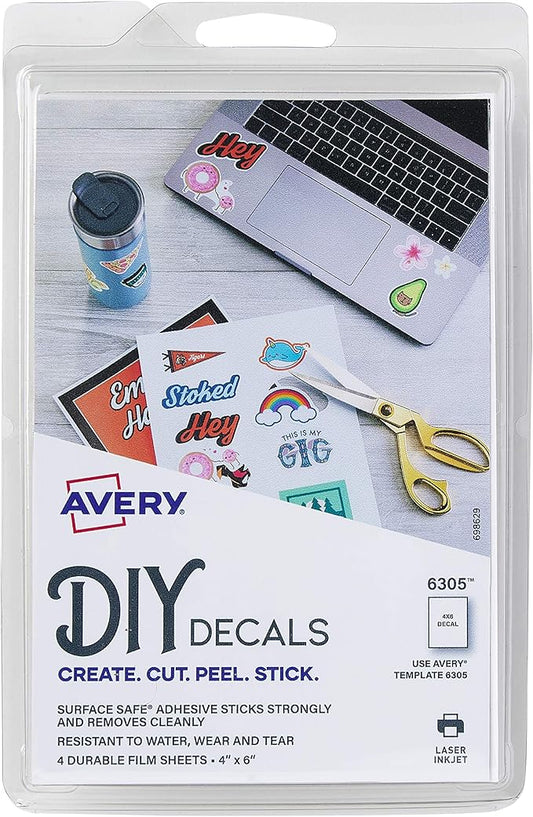 Avery Surface Safe Printable Decal Stickers, Removable Adhesive, 4" x 6", Water & Tear Resistant, 4 Labels (6305)