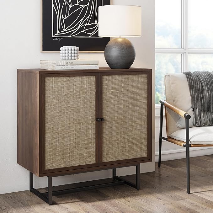 Nathan James Kova Bohemian Rattan Accent Sideboard Storage Cabinet, with Doors and Matte Black Legs, Dark Brown/Black