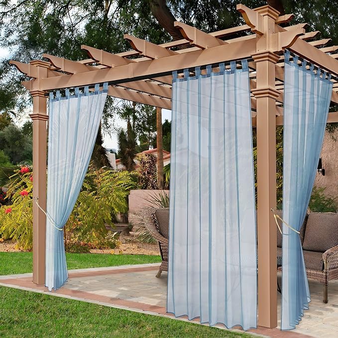NICETOWN Outdoor Curtains for Patio Waterproof, Self Sticky Tab Top Voile Sheer Drapes Airy & Elegant Drapes Easy Hanging for Cabana/Pool, W54 x L84, 2 Panels, Stone Blue
