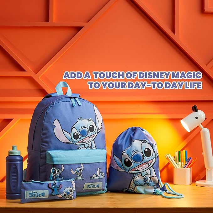 Disney Stitch Backpack 5-Pcs Gifts for Girls, Kids with Water Bottle Drawstring Bag Pencil Case Keychain School Travel Kit (Blue/Lilac)