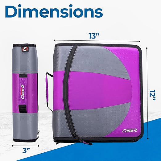 Case-it The Dual 2-in-1 Zipper Binder | Two 1.5-Inch D-Rings, 600 Sheet Capacity, Pencil Pouch & Multiple Pockets | School & Office Organizer with Shoulder Strap | Dual-101 Deep Purple | 6 Pack