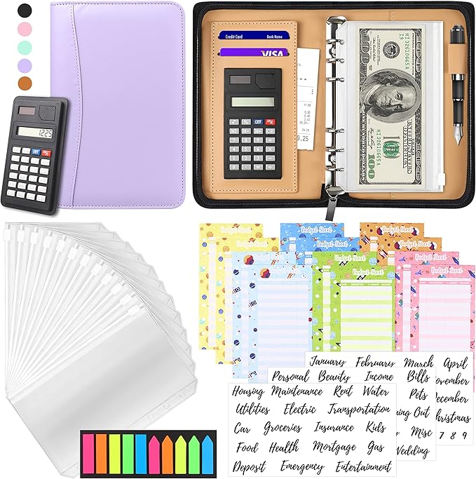 Budget Binder with Zipper Envelopes, Cash Envelopes for Budgeting, A6 PU Leather Budget Planner 2026 with Cash Envelopes Calculator, Bill Money Organizer for Cash Saving Budget System Wallet