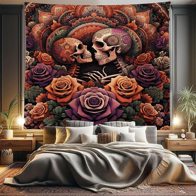 Ambesonne Hippie Tapestry King Size, Mystic Rose Flowers and Oriental Mandala Skeleton Lovers Goth Art Skulls, Wall Hanging Bedspread Bed Cover Wall Decor, 104" X 88", Vermilion Dark Magenta