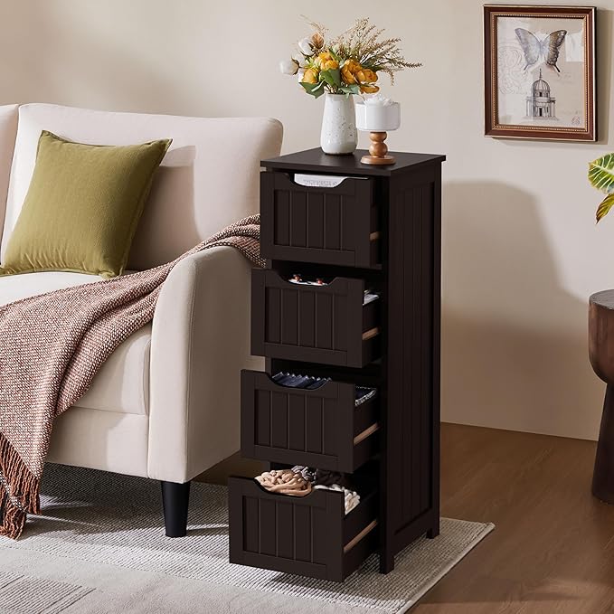 Yaheetech Bathroom Floor Cabinet, Wooden Side Storage Organizer, 4 Drawers Free-Standing Cabinet for Bathroom/Hallway/Living Room, Espresso