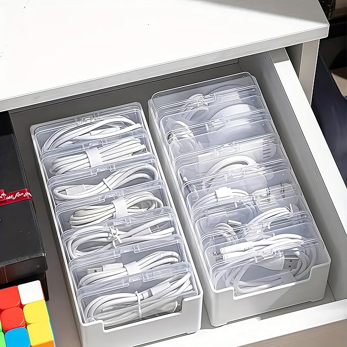 7 Box Cable Organizer Storage Box, Desktop Cable Management with Switch, Power Cord Organizer for Office,Home,Desk Accessories Storage Stationery Supplies and Accessories（Clear