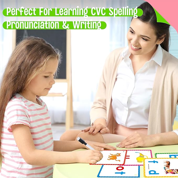 CVC Word Writing Cards, 120 Double Sided Handwriting Cards Short Vowel Spelling Flashcards CVC Sight Words Early Educational Tool for Kids 3 4 5 Years Old (Plus 2 Markers & 3 Reclosable Plastic Rings)