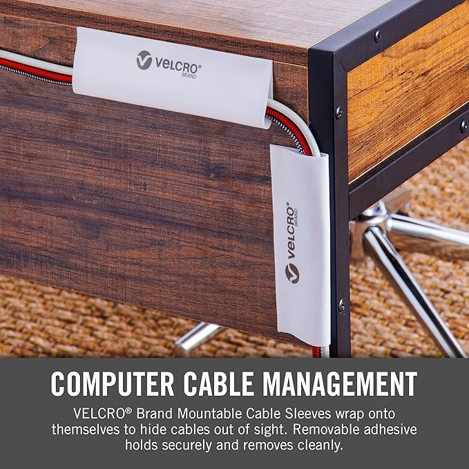 VELCRO Brand Cable Sleeves. Organize Messy Wires on Desk, Behind TV or Game Console. 16-Inch (2x8in) White. Removable Adhesive Mounts to Smooth Surfaces