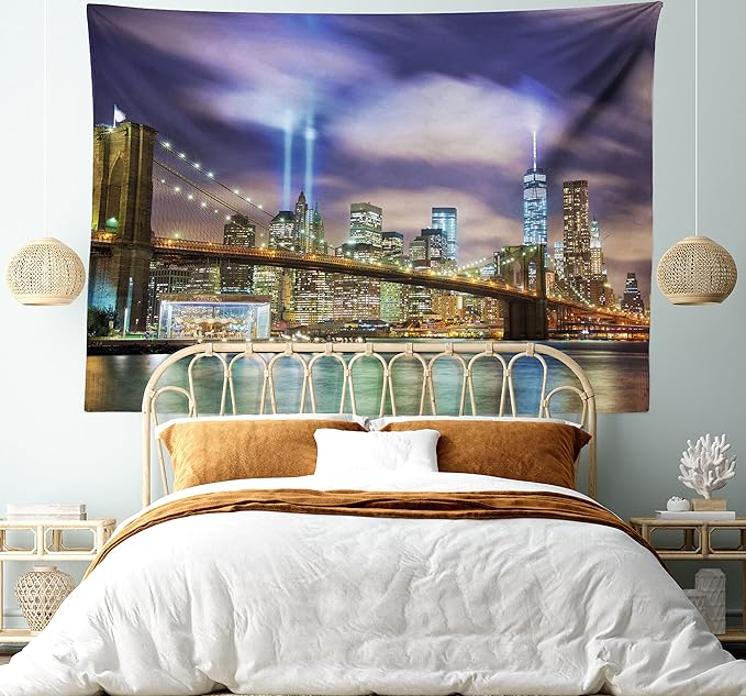 Ambesonne Landscape Tapestry, Manhattan Skyline with Brooklyn Bridge and Towers in NYC United States America, Fabric Wall Hanging Decor for Bedroom Living Room Dorm, 28" X 23", Purple Green