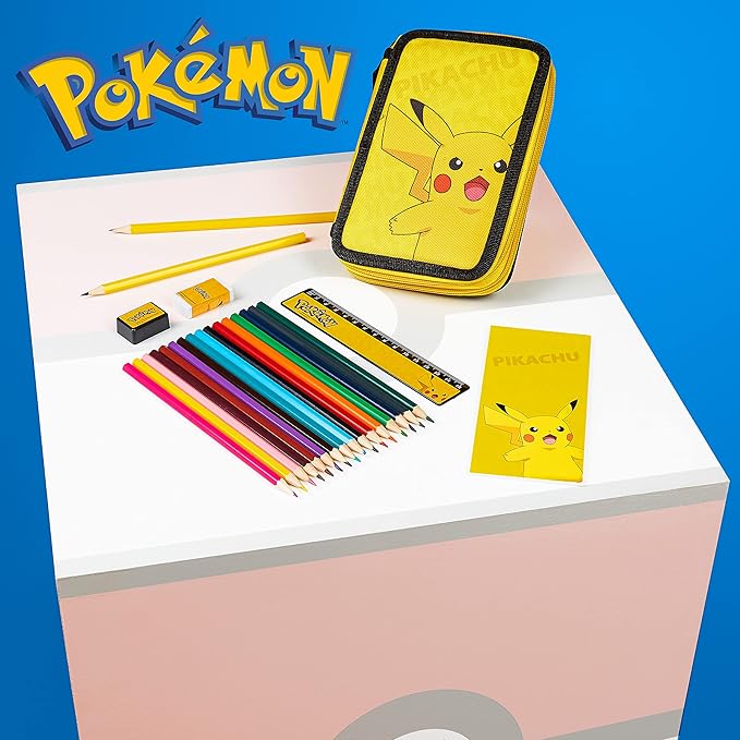 Pokemon Pencil Case for Boys Girls Pikachu Stationery Set with Colored Pencils Sharpener Ruler Eraser Notepad School Supplies Anime Gifts for Kids (Yellow)