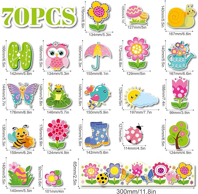 70 Pcs Hello Spring Bulletin Board Decorations - Colorful Hello Spring Cut-Outs Cute Flower Butterfly Bird Bee Bulletin Border Wall Decals for Kids DIY Craft School Classroom Decor
