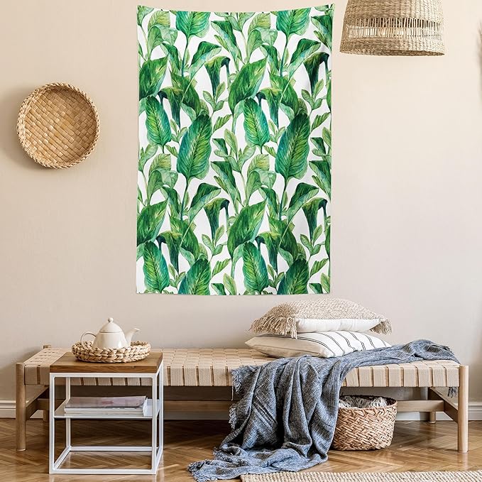 Ambesonne Leaf Tapestry Twin Size, Romantic Holiday Island Hawaiian Banana Trees Watercolored Image, Wall Hanging Bedspread Bed Cover Wall Decor, 68" X 88", Forest Green