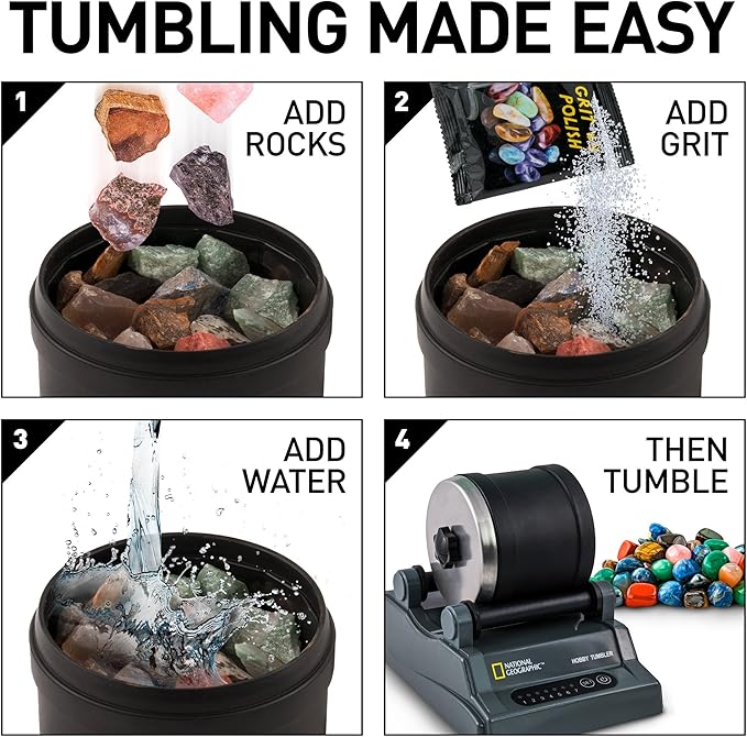 National Geographic Hobby Rock Tumbler Kit - Rock Polisher for Kids & Adults, Noise-Reduced Barrel, Grit, 2.5 Pounds Raw Gemstone & Jasper Mix, Great STEM Hobby Kit