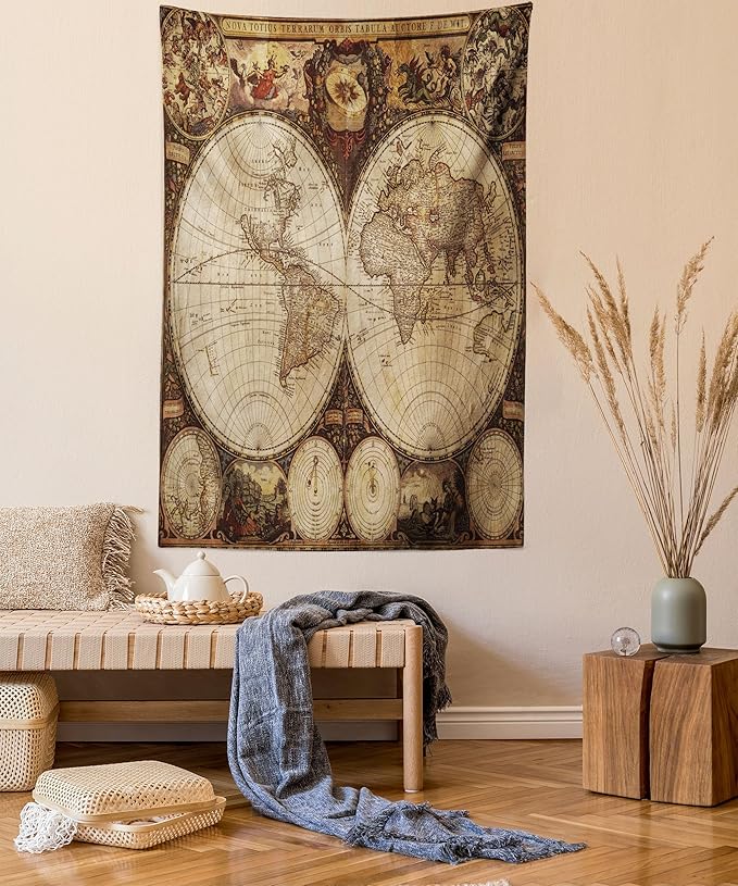 Ambesonne World Map Tapestry King Size, Old World Map Drawn in 1720s Nostalgic Style Art Historical Atlas Vintage Design, Wall Hanging Bedspread Bed Cover Wall Decor, 88" X 88", Multicolor