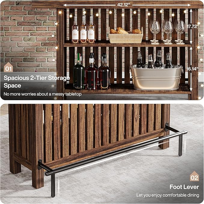 Tribesigns Large 2-Tier Bar Table, 63-Inch Mini Pub Table with Footrest, Rectangular Modern Coffee Bar Cabinet Counter Height Table for Home Kitchen, Bistro, Dining Room, Living Room, Rustic Brown