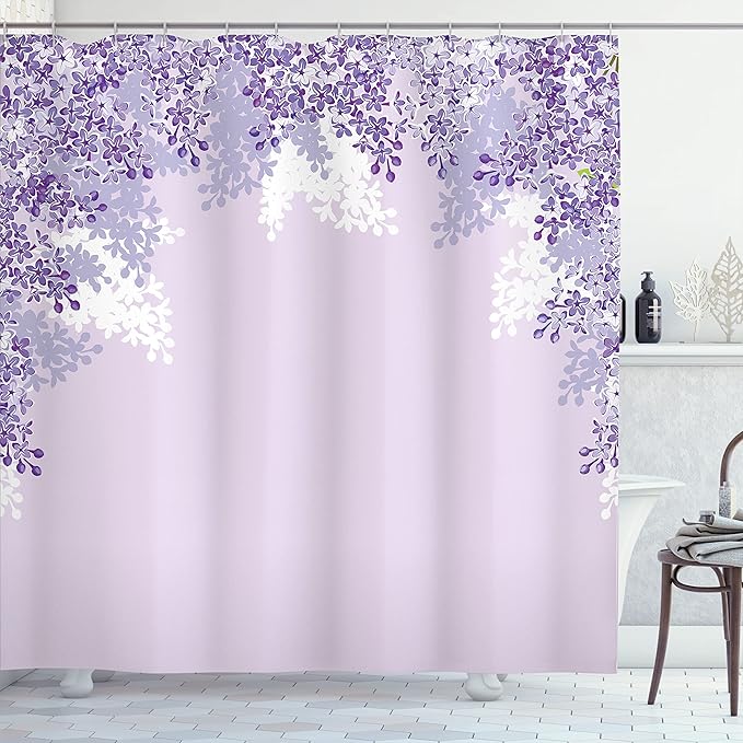 Ambesonne Flower Shower Curtain, Framing Lilac Flowers in Blossom Vernal Season Soothing Color Shades Artwork, Cloth Fabric Bathroom Decor Set with Hooks, 69" W x 75" L, Blue Violet