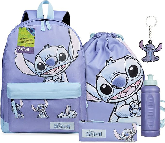 Disney Stitch Backpack 5-Pcs Gifts for Girls, Kids with Water Bottle Drawstring Bag Pencil Case Keychain School Travel Kit (Blue/Lilac)