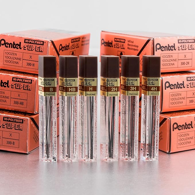 Pentel Super Hi-Polymer Lead, 0.3mm, Extra Fine, H, 12 Piece/tube, Box of 12 (300-H)