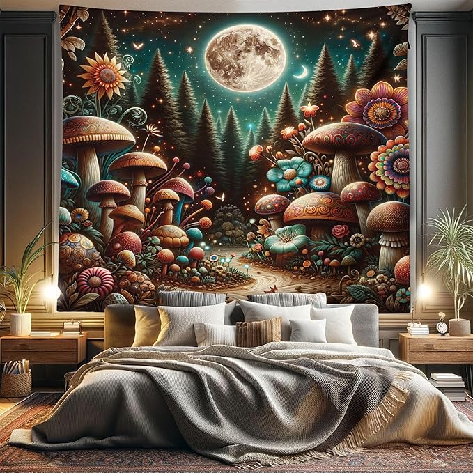 Ambesonne Aesthetic Tapestry King Size, Colorful Psychedelic and Traditional Detailed Mushrooms Night Forest, Wall Hanging Bedspread Bed Cover Wall Decor, 104" X 88", Dark Teal Purple Orange