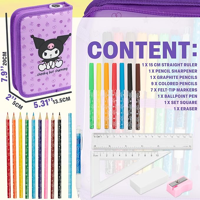 Hello Kitty Sanrio Pencil Case Kids Colored Pencils Markers Kawaii Kuromi Stationery Gifts for Kids (Lilac Kuromi)