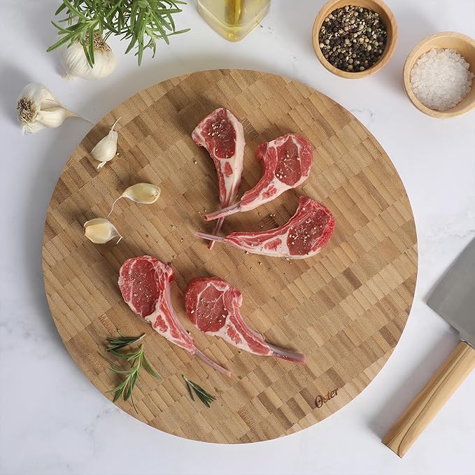 Oster Capeheart Round End Grain Bamboo Cutting Board Set – 14" Wooden Durable Kitchen Chopping Carving Boards with Juice Grooves, Oil Finished