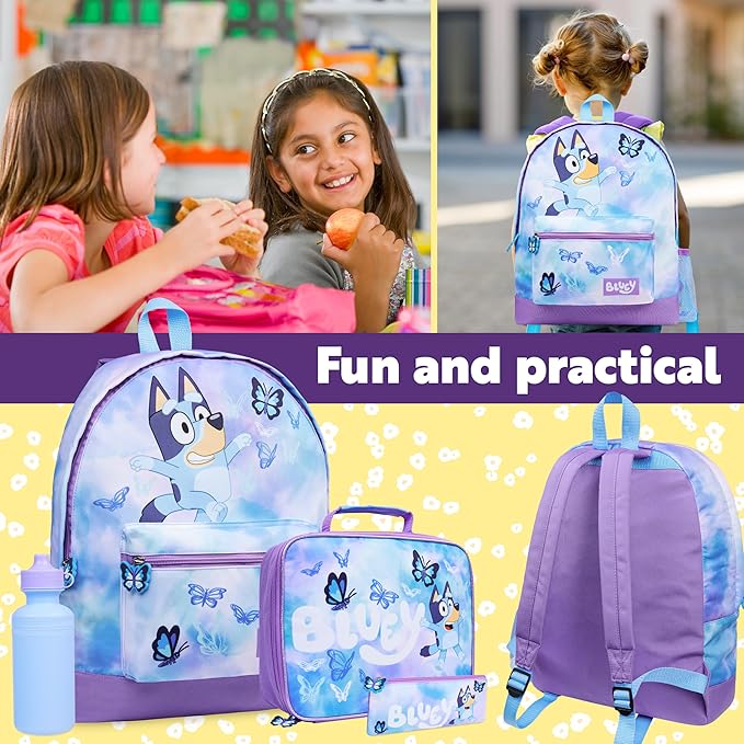 Bluey Backpack Set 4 Pcs with Water Bottle Pencil Case Modern Lunch Bag or Sports Gym Drawstring Bag Gifts for Kids Butterfly