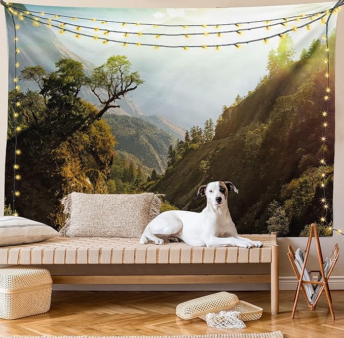 Ambesonne Landscape Tapestry Twin Size, Forest Nepal Himalaya Mountains Sunlight Majestic Scenery Nature Photo, Wall Hanging Bedspread Bed Cover Wall Decor, 68" X 88", Green Pale Yellow