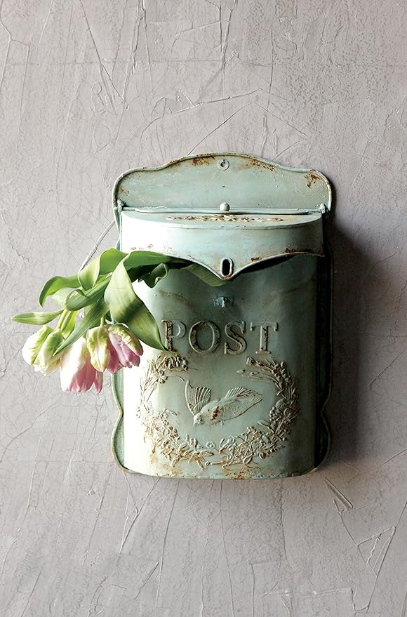 Creative Co-Op Aqua Embossed Tin Post Box with Distressed Finish