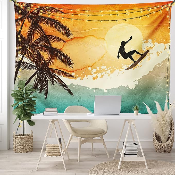 Ambesonne Grunge Tapestry King Size, Illustration of Tropical Island Surfer on Sea Waves and Palms at Sunset, Wall Hanging Bedspread Bed Cover Wall Decor, 104" X 88", Orange Turquoise Black
