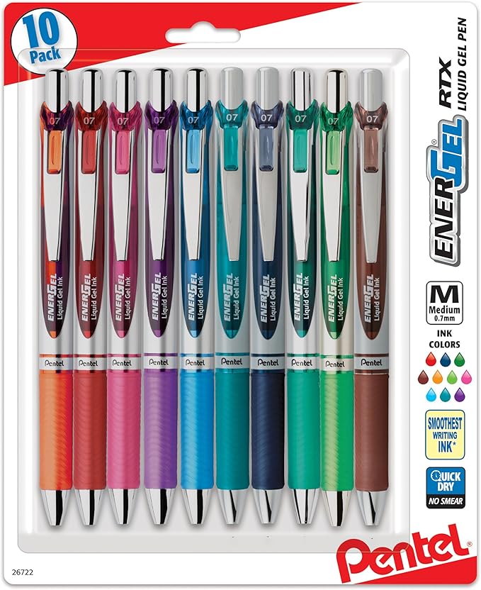 Pentel EnerGel RTX Retractable Liquid Gel Pen, (0.7mm) Medium Line, Metal Tip, Assorted Ink, 10-Pk (BL77BP10M)