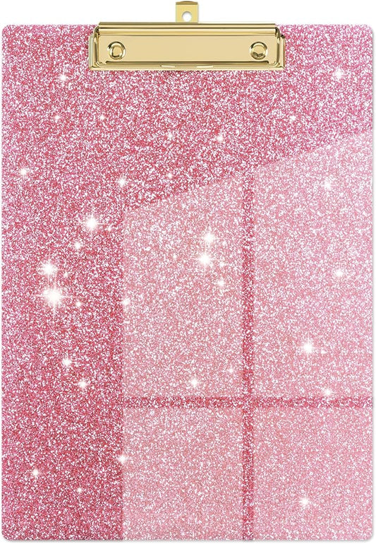 Piasoenc Acrylic Clipboards, Fashion Glitter Clip Board with Low Profile Gold Clip, Designed for Classroom School and Office Use, A4 Letter Size 9 x 12.5 in,Cute Pink