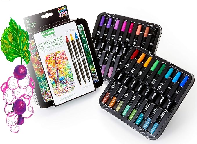Crayola Sketch & Detail Dual-Tip Markers (16ct), Adult Coloring Set, 32 Colors, Fine & Brush Tip Art Markers, For Calligraphy & Drawing