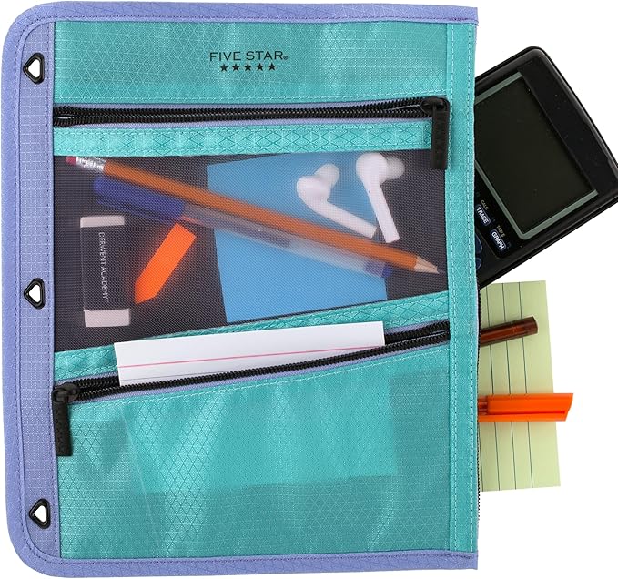 Five Star Pencil Pouch, Pen Case, 3-Pocket Zipper Pouch, Fits 3-Ring Binder, Storage Organizer for Classroom Supplies Earbuds Chargers Cables Makeup, Teal/Berry (500207F-ECM)