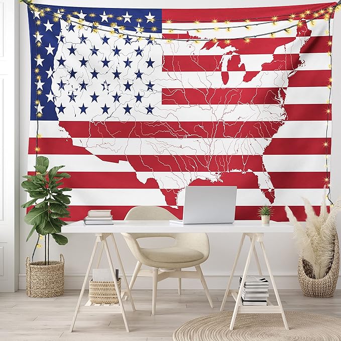 Ambesonne American Flag Tapestry, America Continent Shaped Flag Martial Design International World Glory Print, Fabric Wall Hanging Decor for Bedroom Living Room Dorm, 28" X 23", Indigo Red