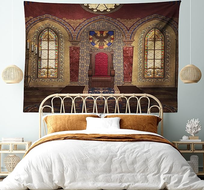 Ambesonne Gothic Tapestry, Red Medieval in Chapel Eagle Portrait on Wall Fantasy Building Print, Fabric Wall Hanging Decor for Bedroom Living Room Dorm, 28" X 23", Brown Ruby