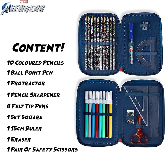 Marvel Boy's Pencil Case, Pencil Case with Compartments Filled School Supplies, Felt, Coloured Pencil, Spiderman Avengers Back to School Gift