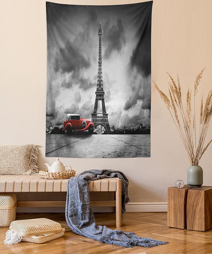 Ambesonne Eiffel Tower Tapestry Queen Size, Image of Eiffel Tower Paris France Vintage Car Street Dark Clouds, Wall Hanging Bedspread Bed Cover Wall Decor, 88" X 88", Black Red