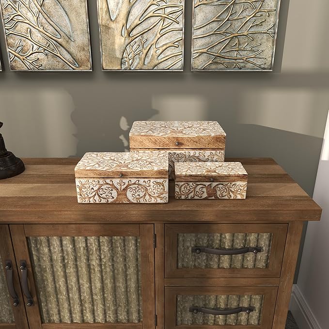 Deco 79 Mango Wood Floral Decorative Box Decorative Keepsake Boxes with Hinged Lid, Set of 3 Storage Boxes 8", 10", 12"W, Brown