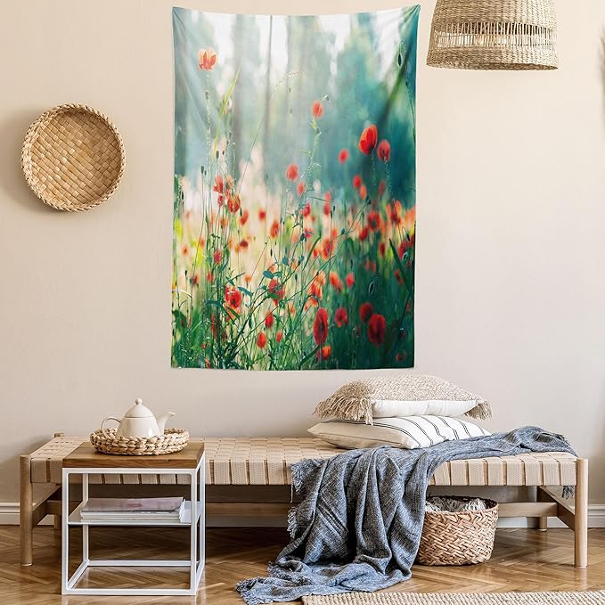 Ambesonne Nature Tapestry, Wild Red Poppy Flowers Field Summertime Sunbeams Gardening Bedding Plants, Fabric Wall Hanging Decor for Bedroom Living Room Dorm, 30" X 45", Red Green Yellow