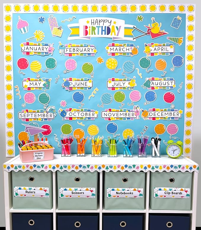 Carson Dellosa Happy Place 73 pc Bundle of Birthday Decorations, Monthly Calendar Headers, Confetti, Cupcakes, Presents, and Balloon Cutouts for Party, Classroom, Bulletin Board, and Wall Decor